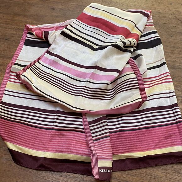 Vintage ANNE KLEIN 100% Silk Scarf Pinks Cream Nude Stripe Rectangle Elegant Y2K - Picture 8 of 9